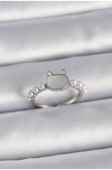 Pirinç Gümüş Renk Ayarlanabilir Beyaz Mineli Kedi Model İnci Detay Kadın Yüzük