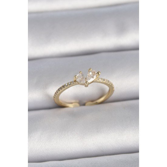 Pirinç Gold Renk Ayarlanabilir Zirkon Taşlı Kalp Model Kadın Yüzük