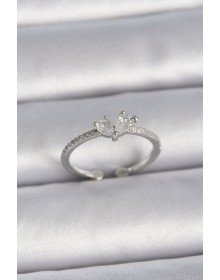 Pirinç Gümüş Renk Ayaralanabilir Zirkon Taşlı Kalp Model Kadın Yüzük