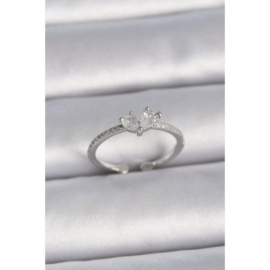 Pirinç Gümüş Renk Ayaralanabilir Zirkon Taşlı Kalp Model Kadın Yüzük Pirinç Gümüş Renk Ayaralanabilir Zirkon Taşlı Kalp Model Kadın Yüzük