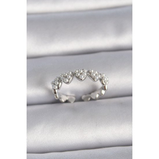 Pirinç Gümüş Renk Ayarlanabilir İncili Kalp Model Kadın Yüzük Pirinç Gümüş Renk Ayarlanabilir İncili Kalp Model Kadın Yüzük