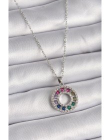 316L Çelik Gümüş Renk Zincir Renkli Zirkon Taşlı Madalyon Model Kadın Kolye