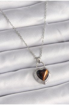 316L Çelik Gümüş Renk Zincir Kilit Kalp Kehribar Boncuk Model Kadın Kolye