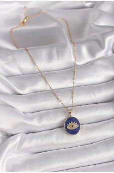 316L Çelik Gold Renk Zincir Mavi Mineli Zirkon Taşlı Göz İşleme Kadın Kolye