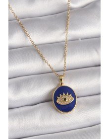316L Çelik Gold Renk Zincir Mavi Mineli Zirkon Taşlı Göz İşleme Kadın Kolye
