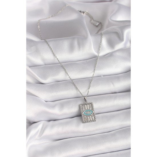 316L Çelik Gümüş Renk Zincir Göz İşlemeli Madalyon Model Kadın Kolye