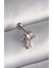 316L Çelik Gümüş Renk Pembe Zirkon Taşlı Sallantı Yıldız Detay Tragus Piercing