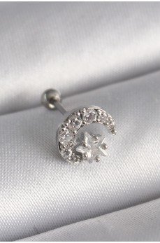 316L Çelik Gümüş Renk Zirkon Taşlı Ay Yıldız Tragus Piercing