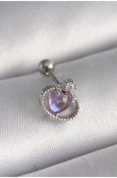 316L Çelik Gümüş Renk Mor Mineli Kalp Zirkon Taş Detay Tragus Piercing