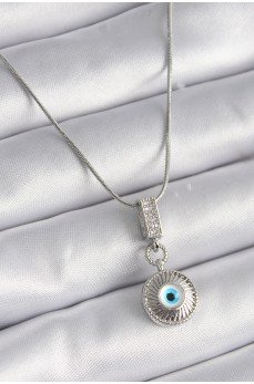 316L Çelik Gümüş Renk Zirkon Taşlı Nazar Boncuk Model Kadın Kolye