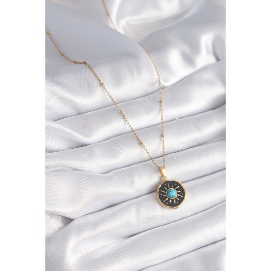 316L Çelik Gold Renk Mavi Boncuk Güneş İşleme Madalyon Model Kadın Kolye 316L Çelik Gold Renk Mavi Boncuk Güneş İşleme Madalyon Model Kadın Kolye
