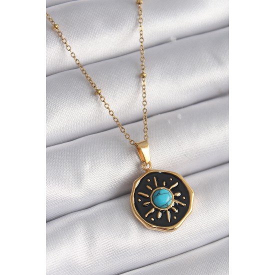 316L Çelik Gold Renk Mavi Boncuk Güneş İşleme Madalyon Model Kadın Kolye 316L Çelik Gold Renk Mavi Boncuk Güneş İşleme Madalyon Model Kadın Kolye
