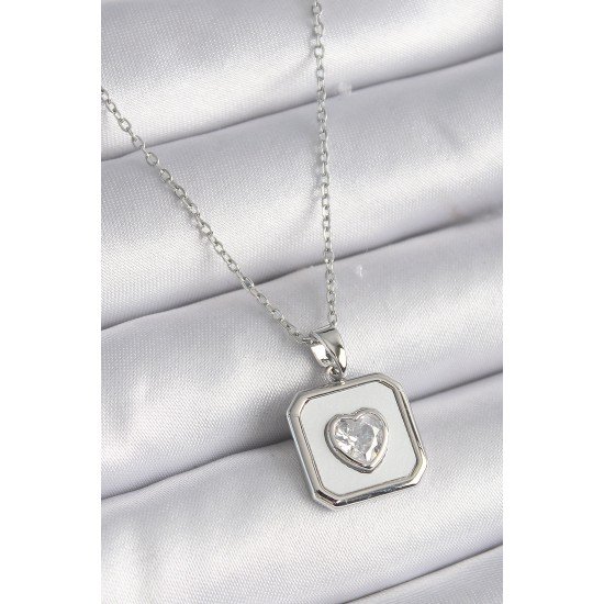 316L Çelik Gümüş Renk Kare Madalyon Kalp Zirkon Taş İşleme Kadın Kolye 316L Çelik Gümüş Renk Kare Madalyon Kalp Zirkon Taş İşleme Kadın Kolye
