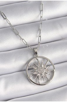 316L Çelik Gümüş Renk Zirkon Taşlı Güneş Madalyon Model Kadın Kolye