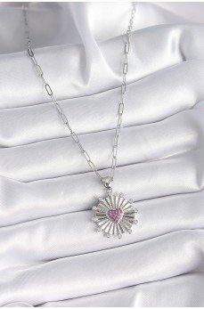 316L Çelik Gümüş Renk Pembe Zirkon Taşlı Kalp İşleme Madalyon Model Kadın Kolye