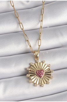 316L Çelik Gold Renk Pembe Zirkon Taşlı Kalp İşleme Madalyon Model Kadın Kolye