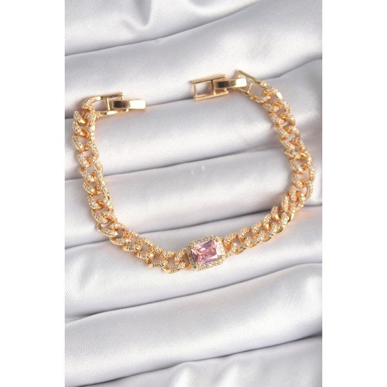 Pirinç Gold Renk Pembe Kare Zirkon Taşlı VIP Seri Kadın Bileklik Pirinç Gold Renk Pembe Kare Zirkon Taşlı VIP Seri Kadın Bileklik