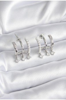 Pirinç Gümüş Renk Zirkon Taş Detay İncili Kadın Küpe