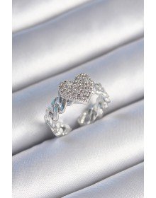 Pirinç Gümüş Renk Zincir Kordon Zirkon Taşlı Kalp Model Kadın Yüzük