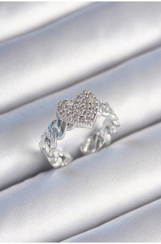 Pirinç Gümüş Renk Zincir Kordon Zirkon Taşlı Kalp Model Kadın Yüzük Pirinç Gümüş Renk Zincir Kordon Zirkon Taşlı Kalp Model Kadın Yüzük