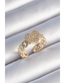 Pirinç Gold Renk Zincir Kordon Zirkon Taşlı Kalp Model Kadın Yüzük