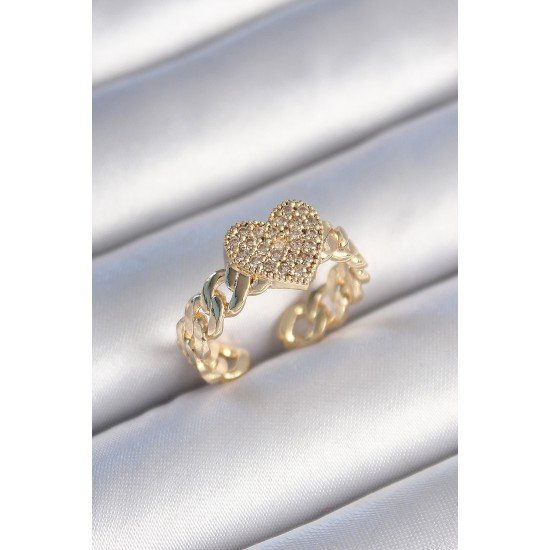 Pirinç Gold Renk Zincir Kordon Zirkon Taşlı Kalp Model Kadın Yüzük Pirinç Gold Renk Zincir Kordon Zirkon Taşlı Kalp Model Kadın Yüzük