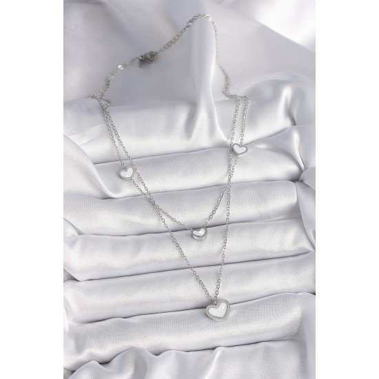 316L Çelik Gümüş Renk Zincir 2'Li Zincir Kalp Model Kadın Kolye