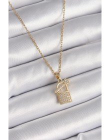316L Çelik Gold Renk Zincir Zirkon Taşlı Asma Kilit Anahtar Model Kadın Kolye