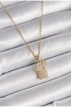 316L Çelik Gold Renk Zincir Zirkon Taşlı Asma Kilit Anahtar Model Kadın Kolye
