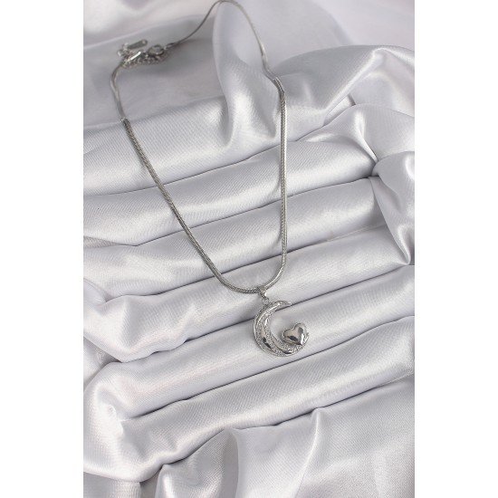 316L Çelik Gümüş Renk İtalyan Zincir Zirkon Taşlı Halil Figür Kalp Detay Kadın Kolye