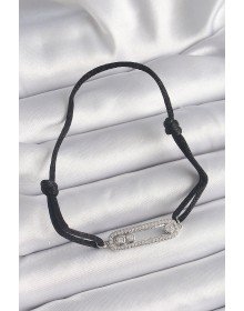 Siyah Renk İpli Asansör Zirkon Taşlı Gümüş Messika Model Kadın Bileklik