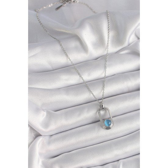 316L Çelik Gümüş Renk Zincir Mavi Kedi Göz Model Kadın Kolye