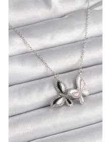 316L Çelik Gümüş Renk Zincir Zirkon Taşlı Renkli Kelebek Model Kadın Kolye