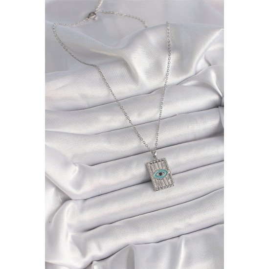 316L Çelik Gümüş Renk Zirkon Taşlı Göz İşleme Detaylı Plaka Model Kadın Kolye