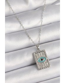 316L Çelik Gümüş Renk Zirkon Taşlı Göz İşleme Detaylı Plaka Model Kadın Kolye