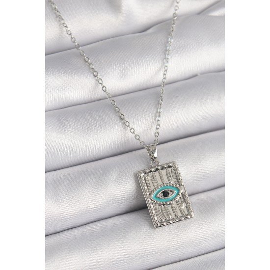 316L Çelik Gümüş Renk Zirkon Taşlı Göz İşleme Detaylı Plaka Model Kadın Kolye