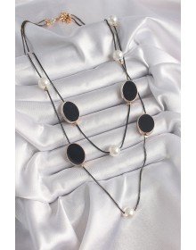 Pirinç Siyah Renk Zincir İnci Detaylı Çoklu Kadın Kolye