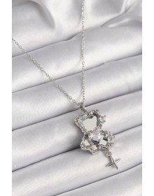 316L Çelik Gümüş Renk Ayna Ayıcık Model Zirkon Taşlı Kalp Detay Kadın Kolye