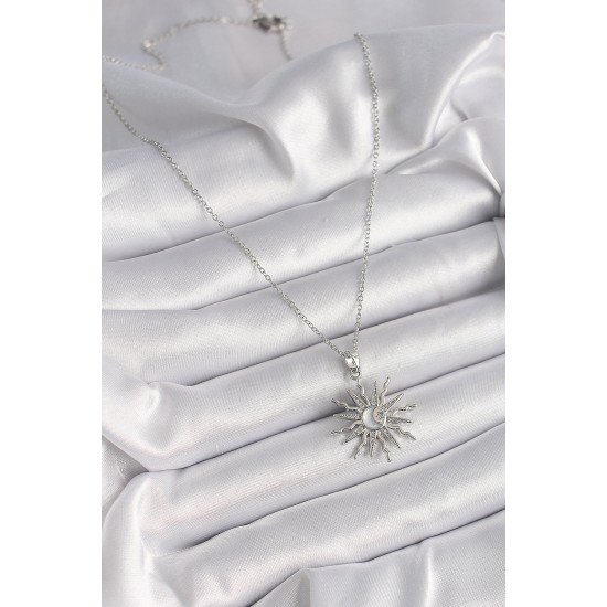 316L Çelik Gümüş Renk Zincir Zirkon Taşlı Güneş Model Sedefli Ay İşleme Detay Kadın Kolye