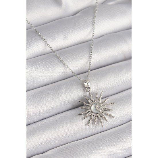 316L Çelik Gümüş Renk Zincir Zirkon Taşlı Güneş Model Sedefli Ay İşleme Detay Kadın Kolye
