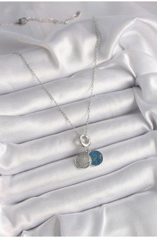 316L Çelik Gümüş Renk Zincir Zirkon Taşlı İşleme Mavi Simli Kadın Kolye