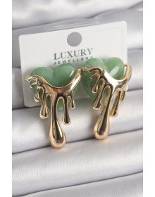 Pirinç Gold Renk Yeşil Sedefli Akan Kalp Model Kadın Küpe