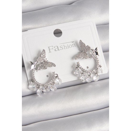 Pirinç Gümüş Renk Zirkon Taşlı Sallantı Detay Kelebek Model Kadın Küpe Pirinç Gümüş Renk Zirkon Taşlı Sallantı Detay Kelebek Model Kadın Küpe