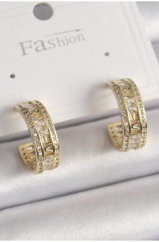 Pirinç Gold Renk Zirkon Taşlı İşleme Detay Halka Model Kadın Küpe