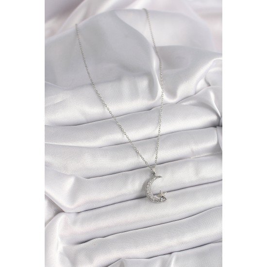 316L Çelik Gümüş Renk Zincir Zirkon Taşlı Hilal Model Yıldız Detay Kadın Kolye