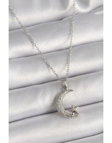 316L Çelik Gümüş Renk Zincir Zirkon Taşlı Hilal Model Yıldız Detay Kadın Kolye