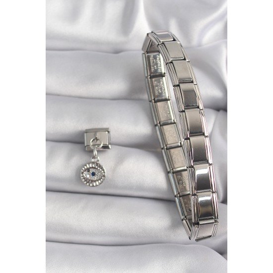 316L Çelik Gümüş Renk Sallantı Zirkon Taşlı Göz Model Nomination Charm 316L Çelik Gümüş Renk Sallantı Zirkon Taşlı Göz Model Nomination Charm