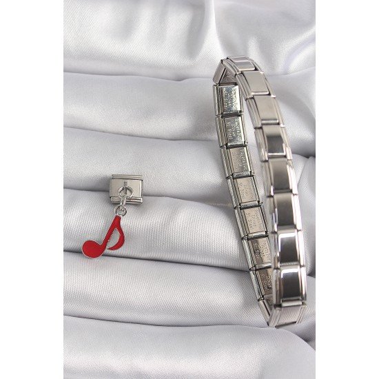 316L Çelik Gümüş Renk Kırmızı Nota Model Nomination Charm