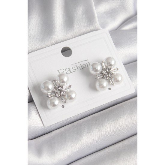 Pirinç Gümüş Renk Zirkon Taşlı İncili Kadın Küpe Pirinç Gümüş Renk Zirkon Taşlı İncili Kadın Küpe