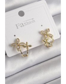 Pirinç Gold Renk Zirkon Taşlı 2'Li Çiçek Model Kadın Küpe